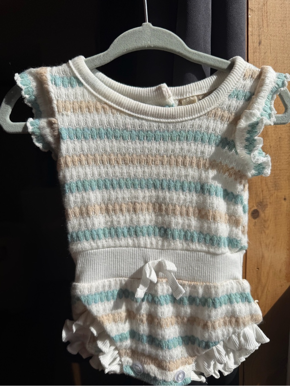 Source Unknown Cream, Aqua & Beige Striped Knit Baby Romper